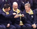 Jose Maria Olazabal and Colin Montgomerie sit either side of Mark James