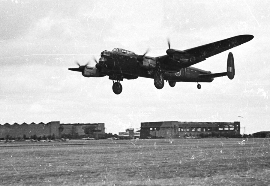 A Lancaster bomber takes off during World War II