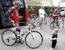 Lance Armstrong looks at his one year-old son