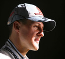 Michael Schumacher talks to the press at Mercedes' launch