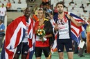 Michael Bingham and Martyn Rooney celebrate winning silver and bronze respectively