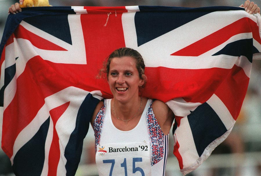 Sally Gunnell celebrates her victory