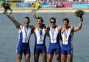 The men's coxless fours celebrate their gold medal