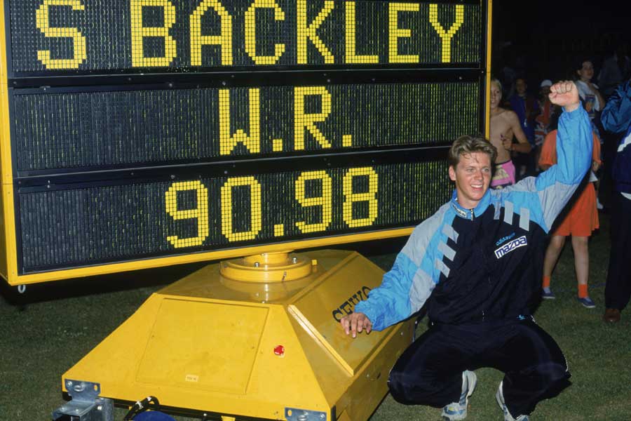 Steve Backley celebrates his world record 