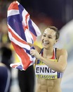 Jessica Ennis celebrates breaking a British record