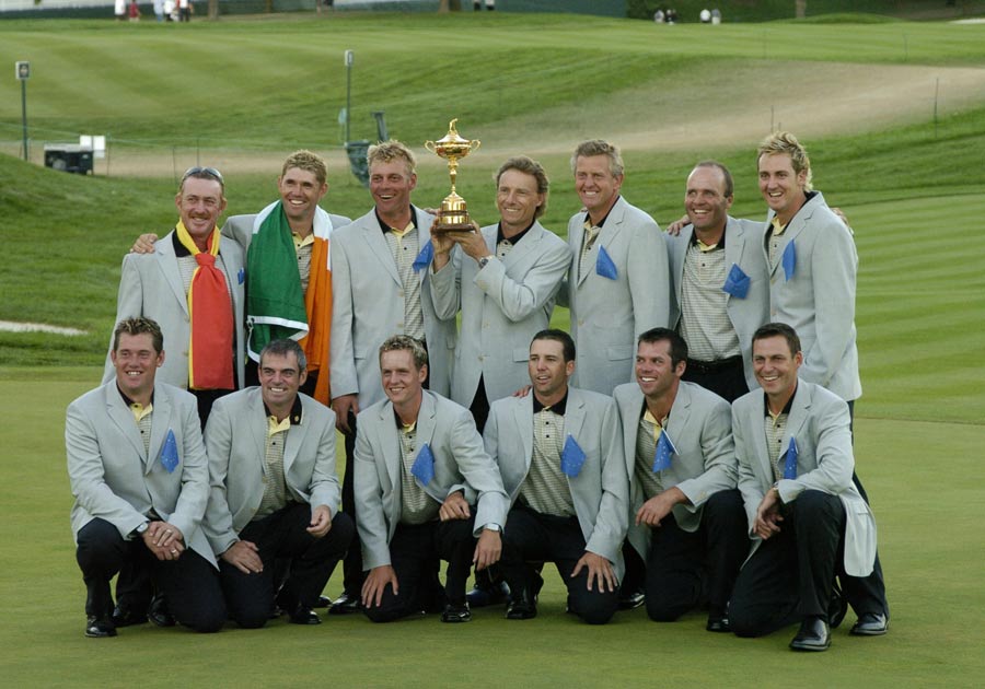 The European team celebrates after the 2004 Ryder Cup award ceremonies