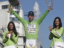 Mark Cavendish celebrates his green jersey on the podium