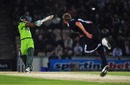 Mohammad Hafeez makes contact with a Stuart Broad delivery