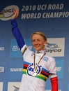 Emma Pooley waves to the crowd from the podium