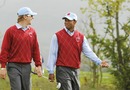 Tiger Woods and Hunter Mahan chat during a practice round