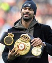 David Haye shows off his belt on the pitch