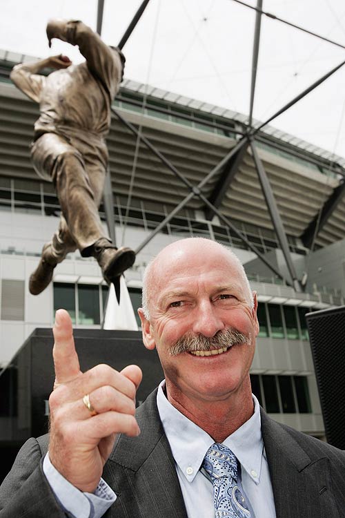 Dennis Lillee unveils a statue of himself as part of the Walk of the Champions at the Melbourne Cricket Ground