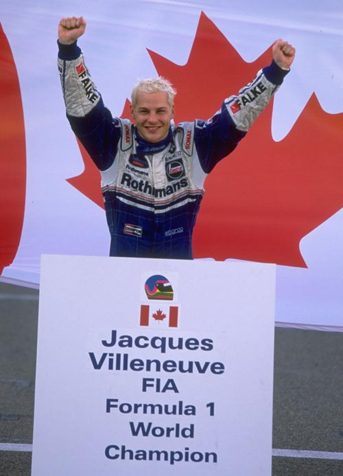 Jacques Villeneuve celebrates winning the 1997 drivers' world title