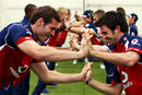 James Anderson and Chris Tremlett take part in a drill during a net session