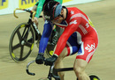 Sir Chris Hoy of Great Britain reacts to losing to Felix English