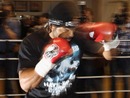 David Haye works out in front of the media during a training session