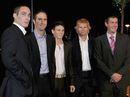 Gary Pratt stands with Ashley Giles, Simon Jones, Michael Vaughan and Matthew Hoggard
