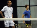 French tennis team captain Guy Forget and Richard Gasquet practice ahead of the Davis Cup final
