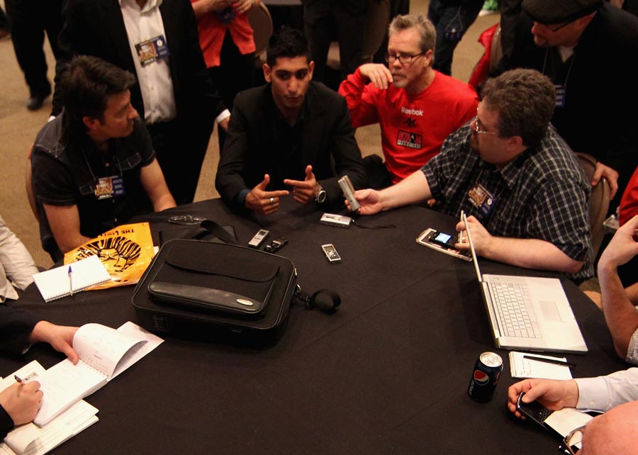Amir Khan talks to the media during a press conference