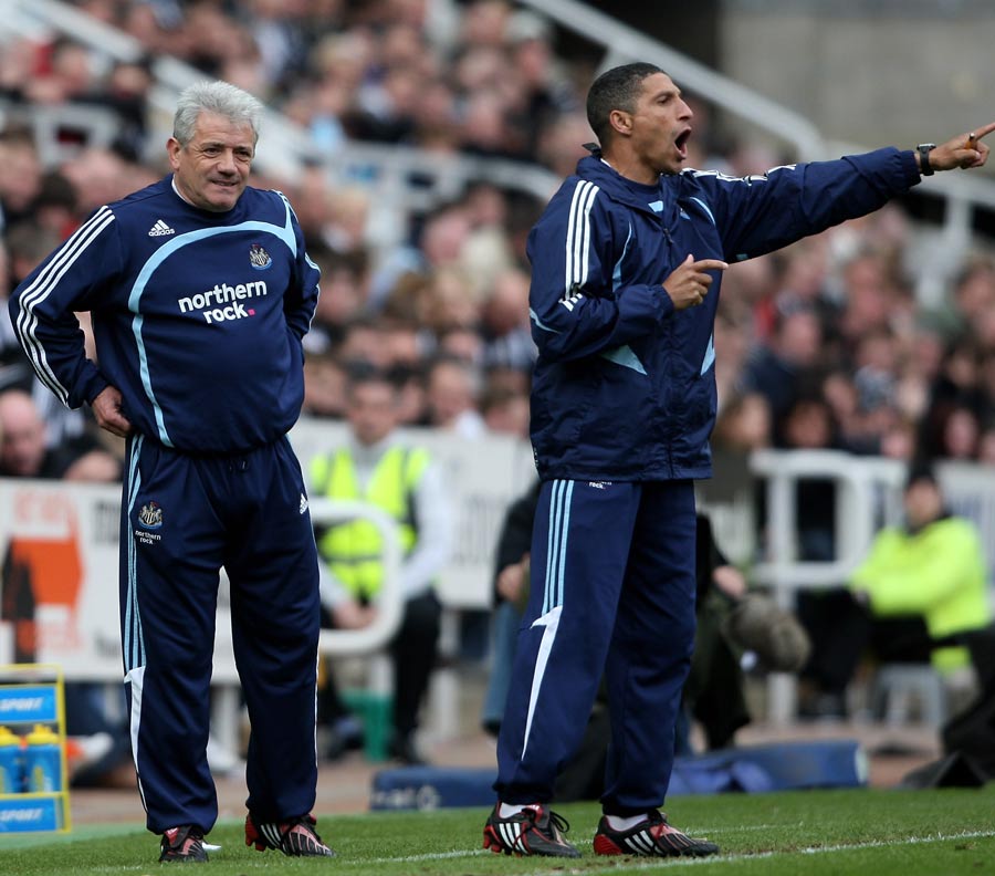 Kevin Keegan and his coach Chris Hughton look on from the sideline