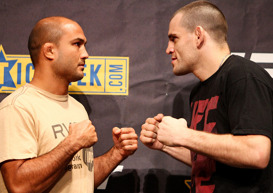 BJ Penn and Jon Fitch face off during a UFC 127 press conference 