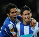 James Rodriguez and Joao Moutinho celebrate a goal