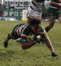 Leicester's Manu Tuilagi goes over for a try