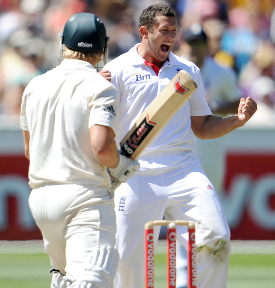 Tim Bresnan shows his delight after trapping Shane Watson lbw
