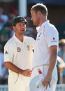 Ricky Ponting shakes hands with Andrew Flintoff in his final Test
