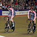 Jason Kenny celebrates victory over Sir Chris Hoy in the Men's Sprint