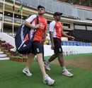 Ian Bell and Ravi Bopara arrive for the nets session