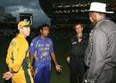 Ricky Ponting and Mahela Jayawardene speak to the umpires about the chaotic scenes at the end of the final