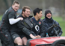England players Chris Ashton, Dylan Hartley and Shontayne Hape get a lift to training