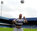 James DeGale kicks a football during a media session
