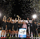 New Zealand skipper DJ Forbes lifts the Adelaide Sevens trophy