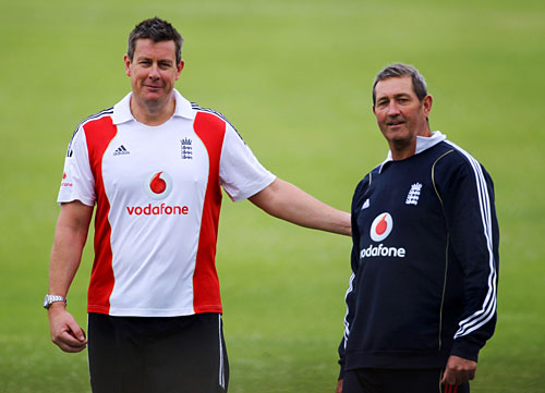 Ashley Giles, England's selector, and Graham Gooch, the batting coach, assist in England's training session