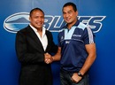 Keven Mealamu poses with Blues coach Pat Lam after announcing a multi-year contract with the NZRU