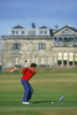 Seve Ballesteros tees off in front of the clubhouse
