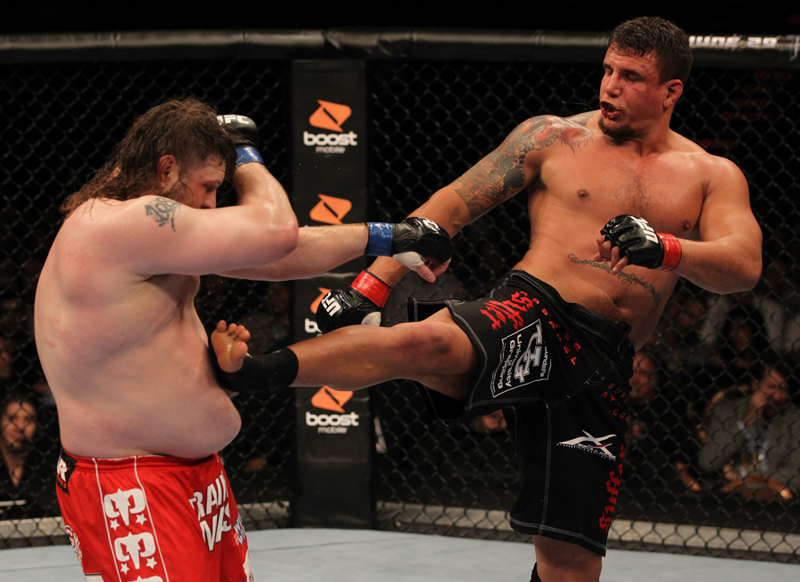 Frank Mir plants a front kick on Roy Nelson