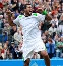 Jo-Wilfried Tsonga celebrates after winning against Rafael Nadal