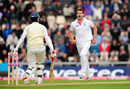 James Anderson celebrates taking the first wicket
