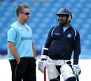 Coach Stuart Law chats to Kumar Sangakkara during Sri Lanka's net session
