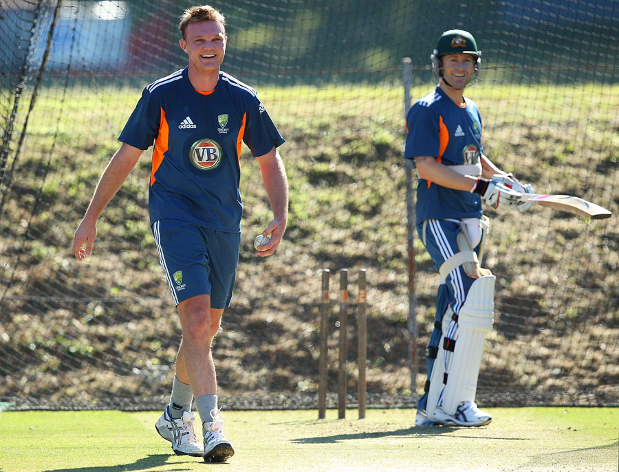 Doug Bollinger and Michael Clarke have a net at CA's Centre of Excellence