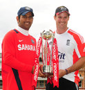 Andrew Strauss and MS Dhoni pose with the trophy