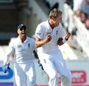 Stuart Broad leaps after claiming a hat-trick