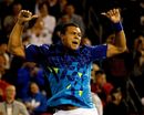Jo-Wilfried Tsonga celebrates his win over Roger Federer