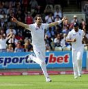 James Anderson celebrates taking the wicket of Rahul Dravid 