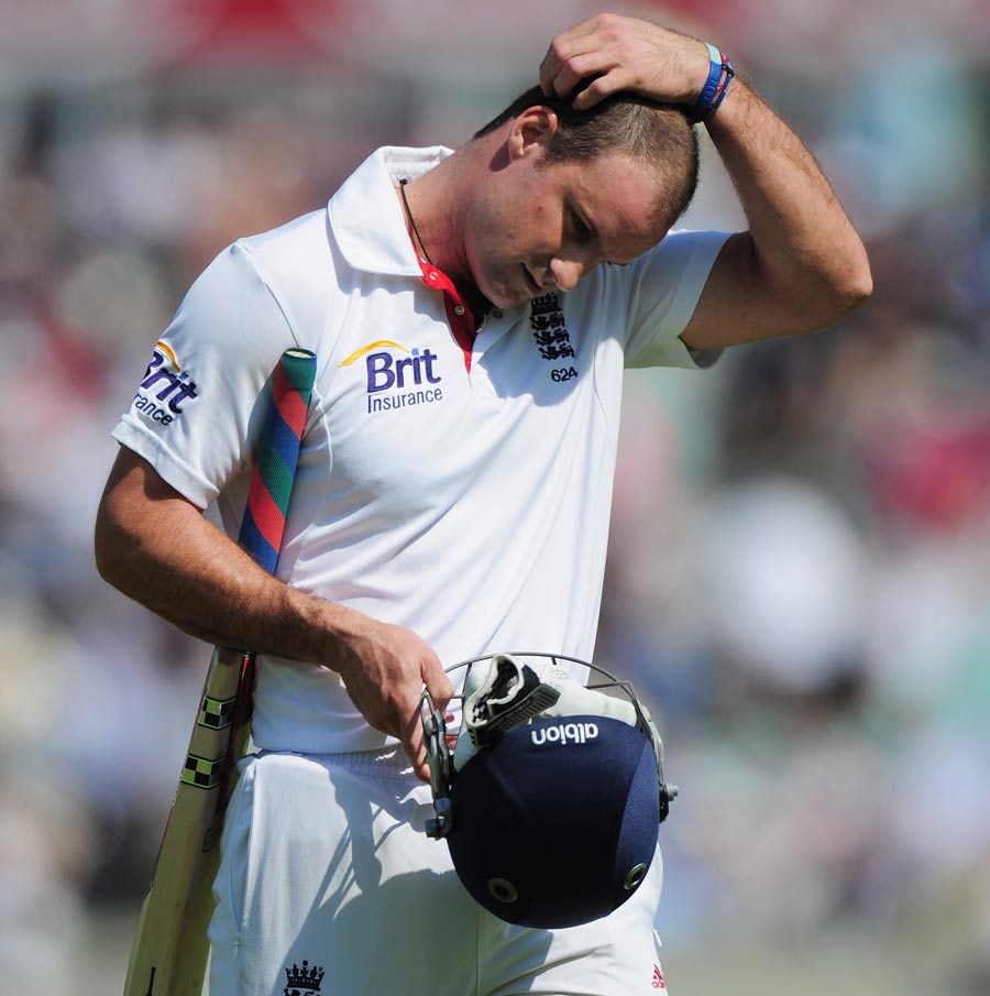 Andrew Strauss walks back after being dismissed by Sreesanth