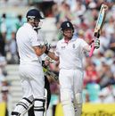 Ian Bell acknowledges his half century with Kevin Pietersen