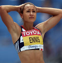 Jessica Ennis reacts to a failed jump